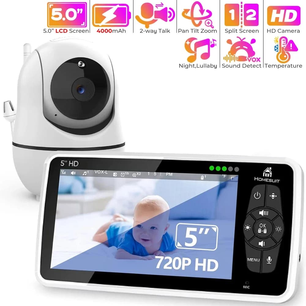 Baby monitor video con fotocamera digitale e audio, visione notturna automatica schermo da 5", baby monitor 720p senza Wifi, batteria da 4000 mAh, VOX
