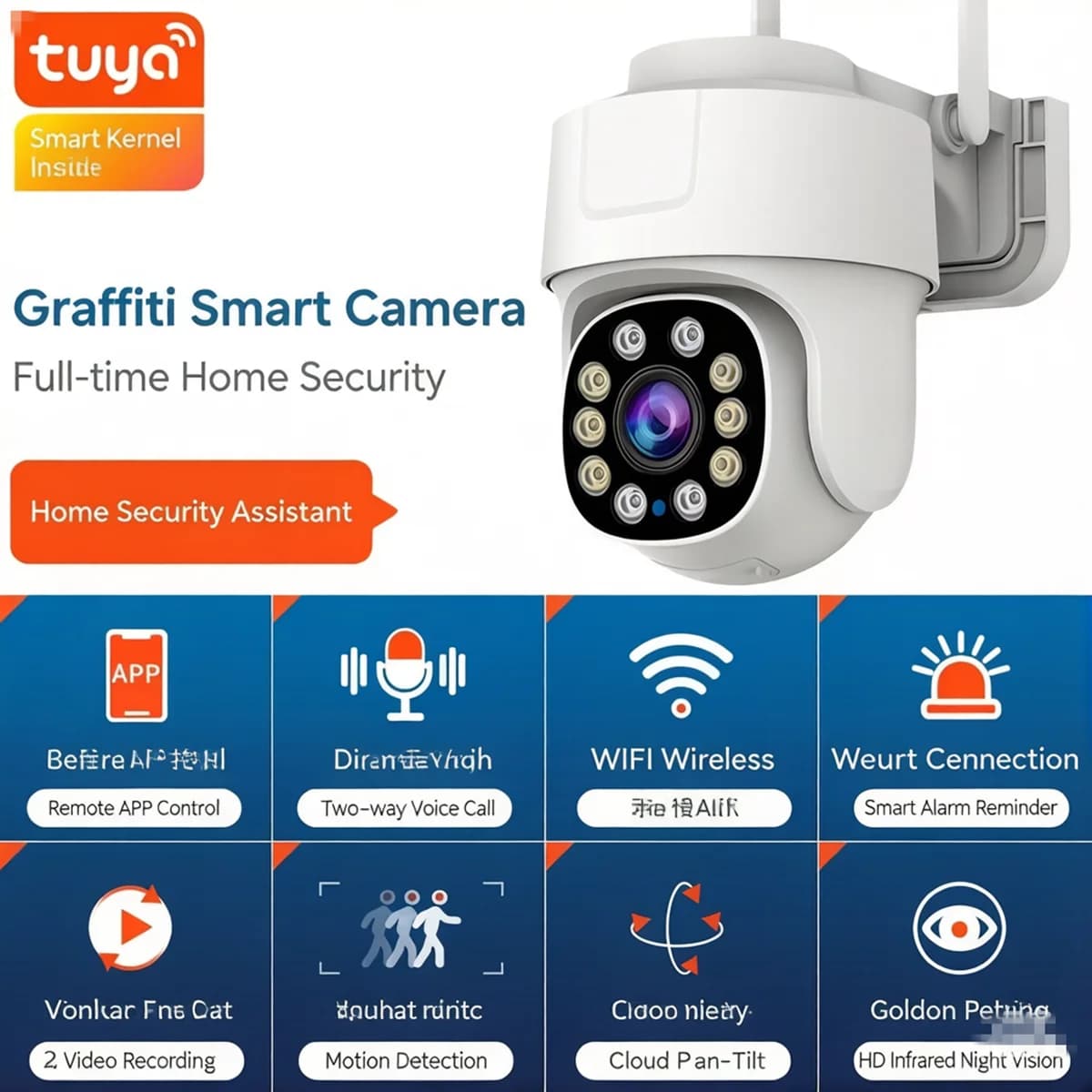 Telecamera IP Dome PTZ Wireless 2MP 1080P con App Tuya, Visione Notturna a Colori, Rilevamento AI Umanoide, Sicurezza Domestica, Monitoraggio Bambini