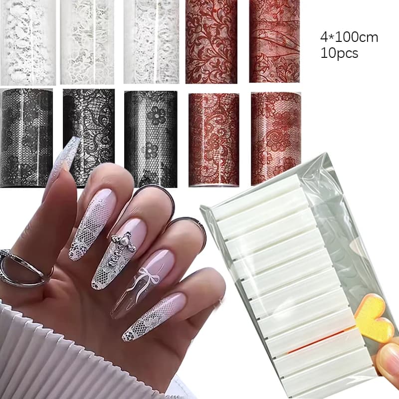 Eleganti Fogli di Trasferimento per Unghie con Fiori in Pizzo Nero, Bianco e Rosso, Adesivi Fantasia Floreali e Cielo Stellato, Strumenti per Manicure Fai-da-Te