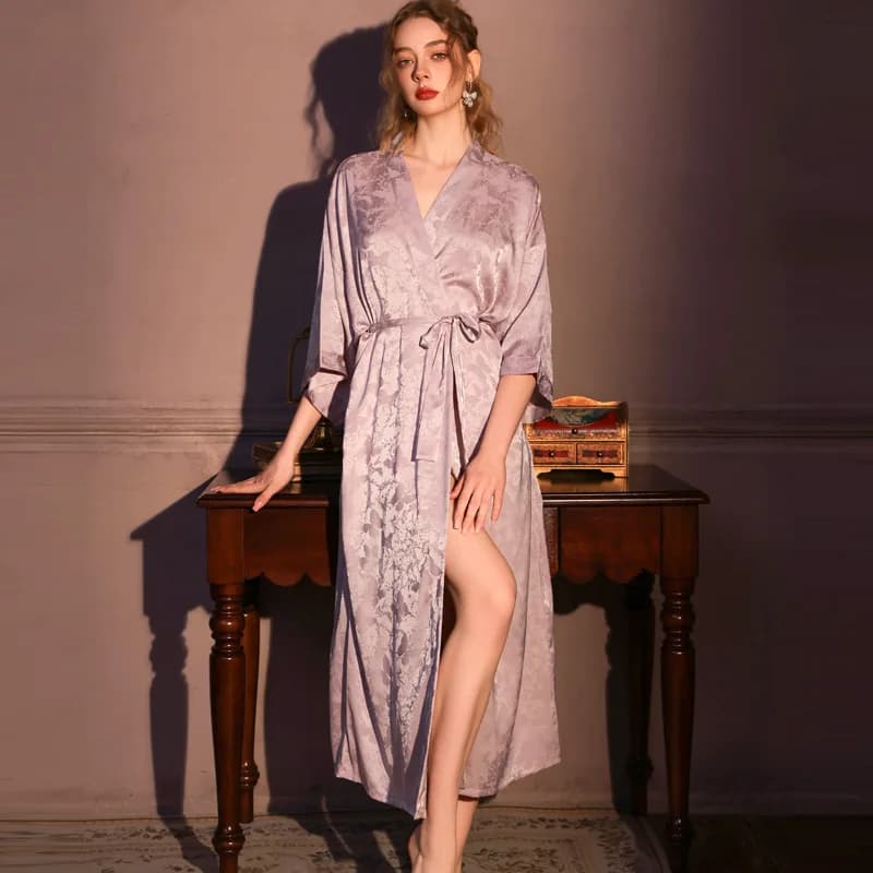Kimono Long Elegant in Jacquard Spring Summer 2026, Bathtub, Women's Night Shirt, Comfortable Satin Clothing for Home and Relax