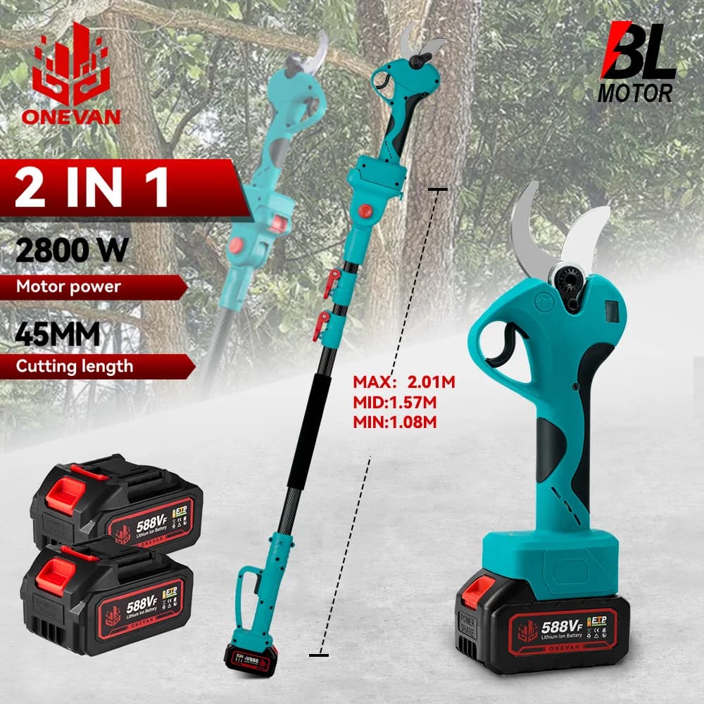Wireless electric pruning scissors with brushless motor of 45 mm and 2800 W, with long rod, 180 ° Adjustable power