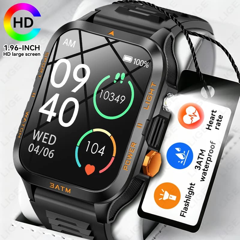 Men Outdoor Sport Military Grade Smart Watch 2026 New 1.96" IPS Screen 3ATM Waterproof Fitness Tracker LED Flashlight Smartwatch