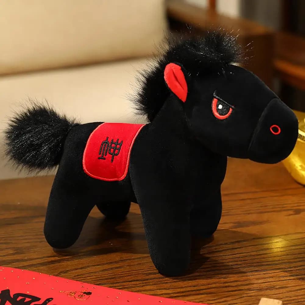 Peluche Cavallo Nero Mascotte Anno del Cavallo Ornamento Portafortuna Morbido Pupazzo Imbottito Decorazione Casa Auto