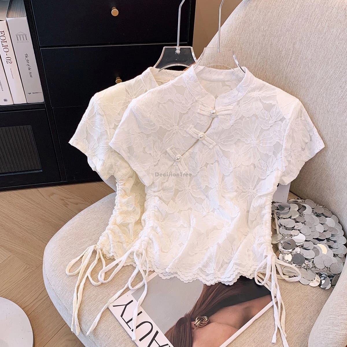 Camicia estiva a maniche corte in stile cinese, colletto alla coreana, cheongsam migliorato, blusa da donna casual alla moda, top qipao in pizzo per tutti i giorni