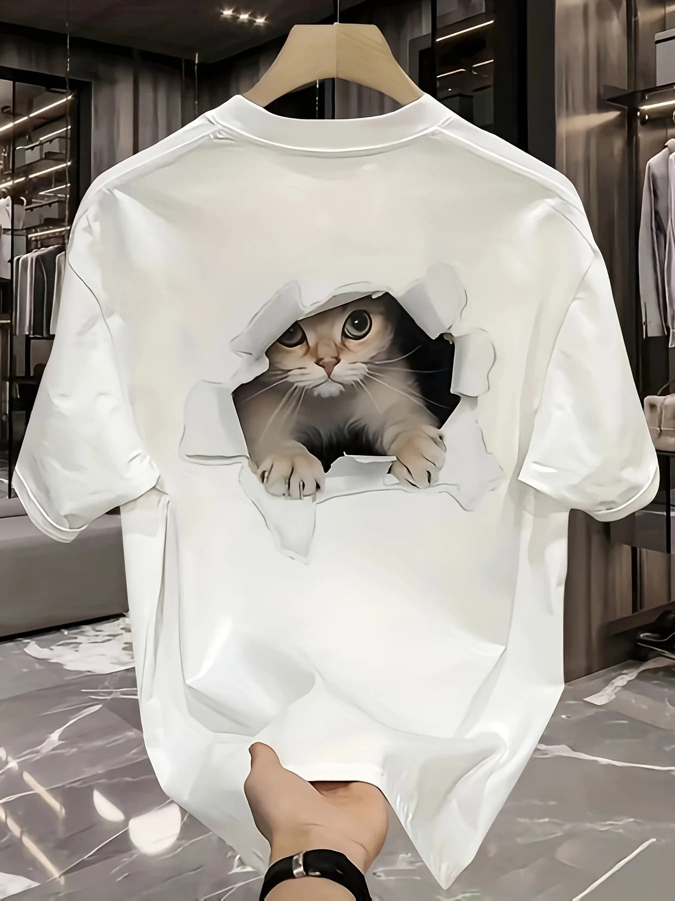 T-shirt da uomo estiva 100 cotone alla moda casual allentata di grandi dimensioni modello gatto 3D stampato sportivo girocollo manica corta