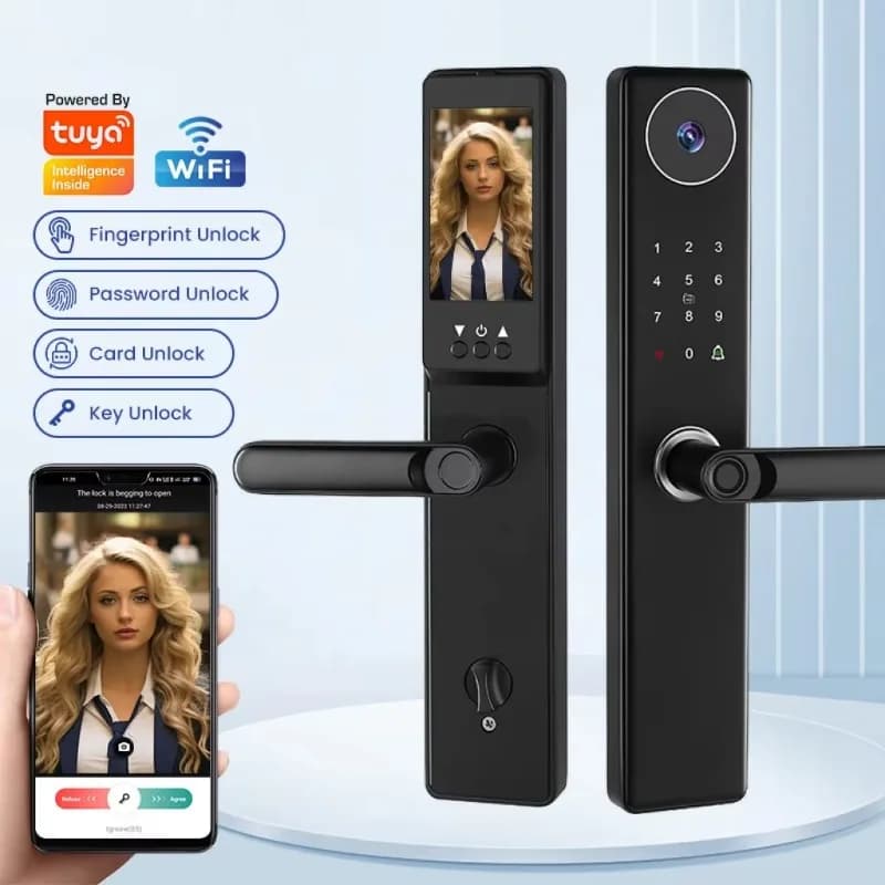 Fechadura Cerradura Inteligente Para Puerta Digital Locks Fingerprint Smart Password Card Big Tuya WIFI Camera Door Lock