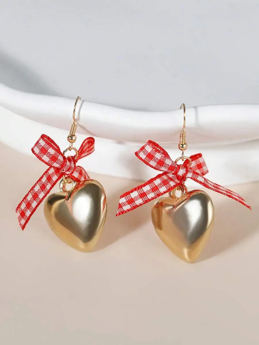 Orecchini a forma di cuore con decorazione a fiocco rosso a quadretti per donna, regalo di San Valentino
