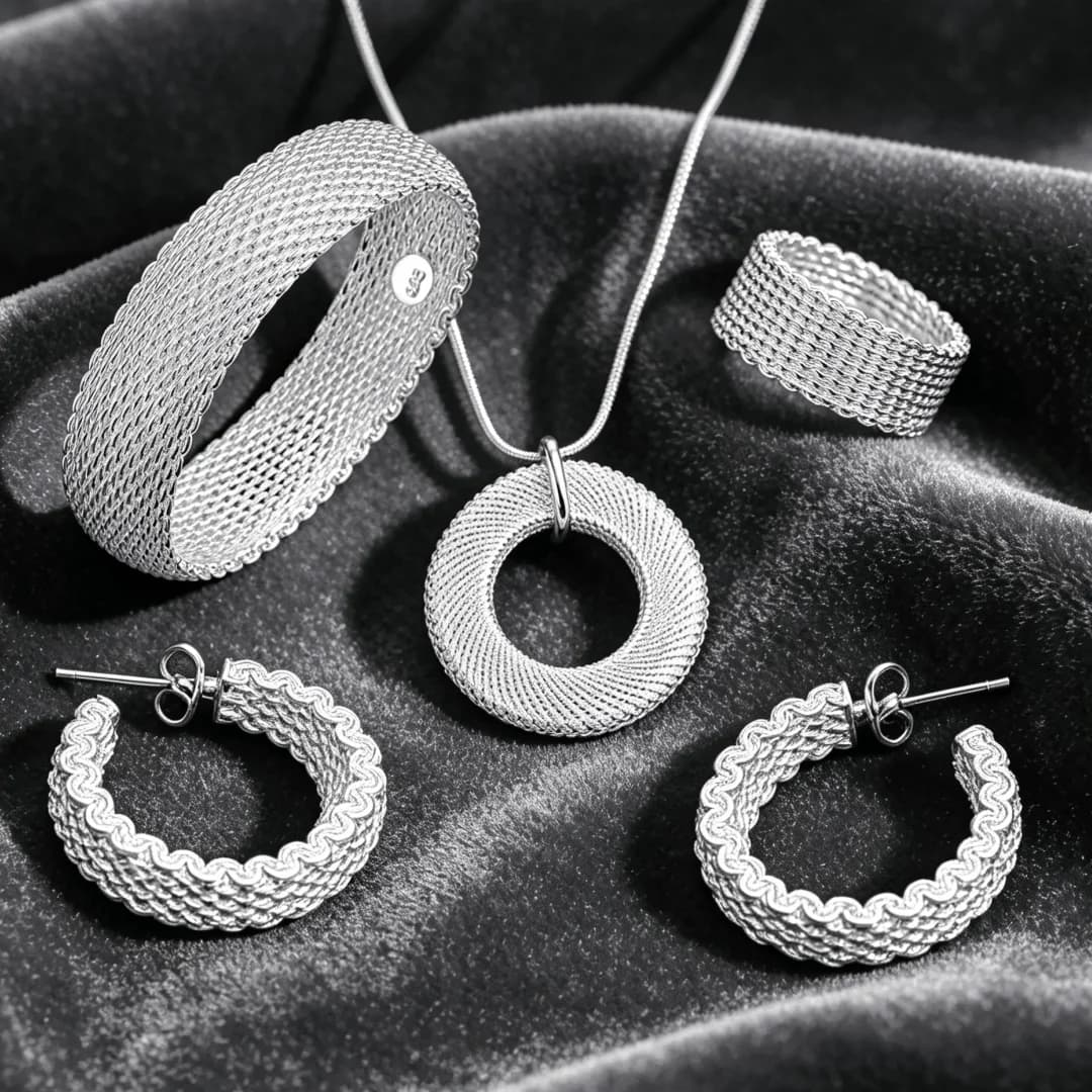 Set di Gioielli in Argento Sterling 925 con Collana a Catena Intrecciata, Orecchini, Bracciale e Anello per Donna, Moda, Festa, Matrimonio, Regalo
