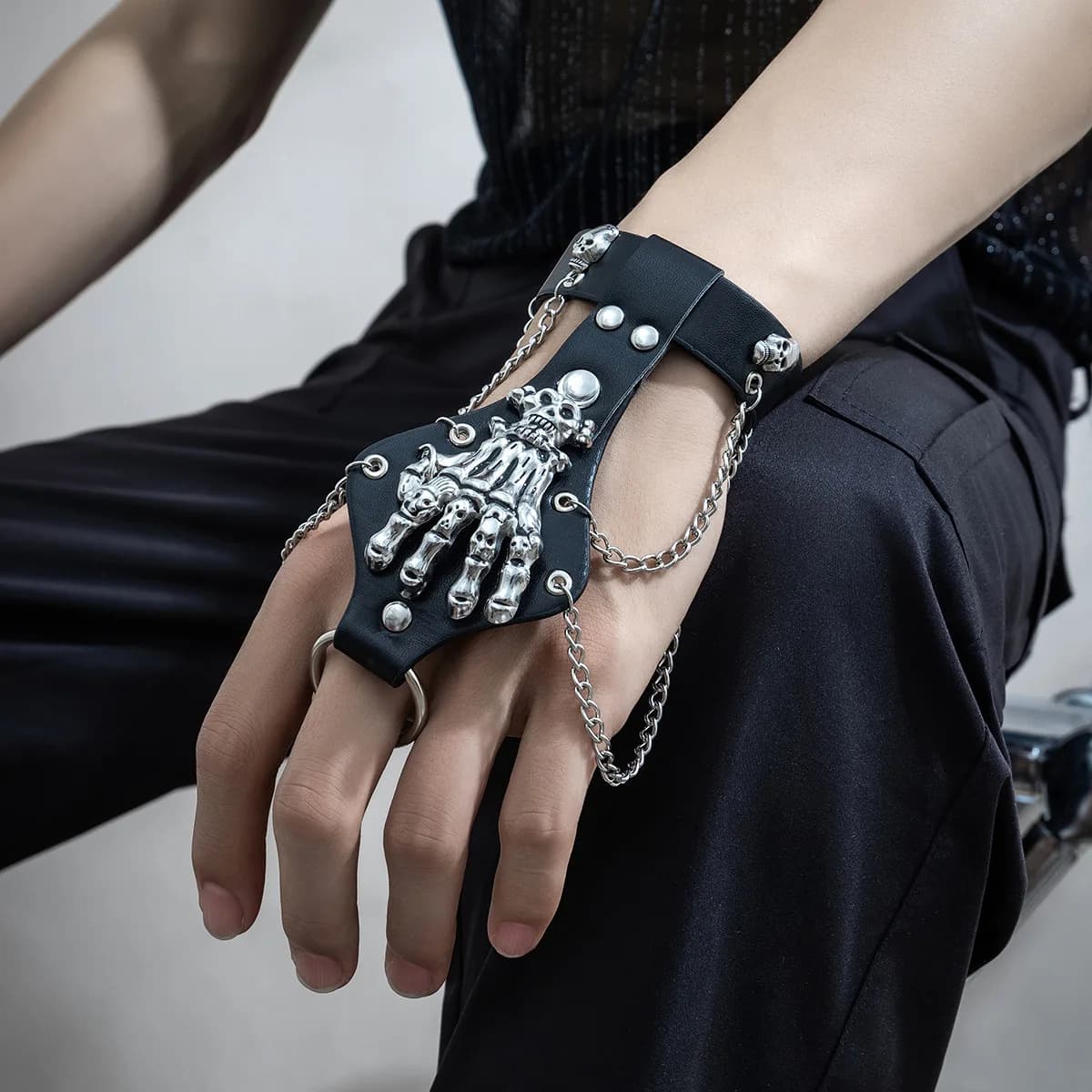 2024 New Emo Punk Gothic Skull Bracelets For Men Women Hip Hop Metal Tassel Goth Black PU Leather Bracelets Bangles Boho Jewelry