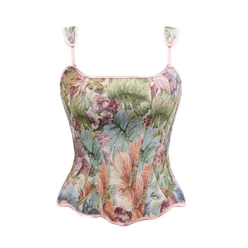Women's Oil Painting Floral Print Corset, Adjustable Strap Bodycon Shaping Bustier Top