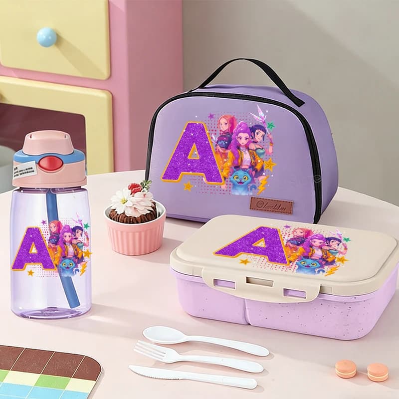 Set 3 Pieces Kpop Demon Hunters: Bento Box + Lunch Bag + Water Bottle RUMI ZOEY, Food Container and Student Drinks