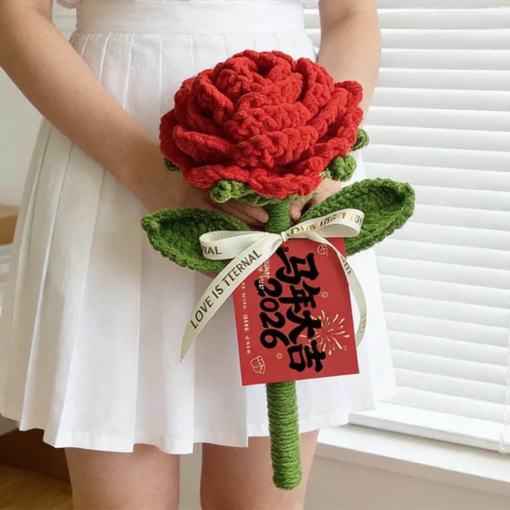 Rosa Artificiale Lavorata a Maglia e Uncinetto, Finitura Artigianale, Creativa, Fatta a Mano