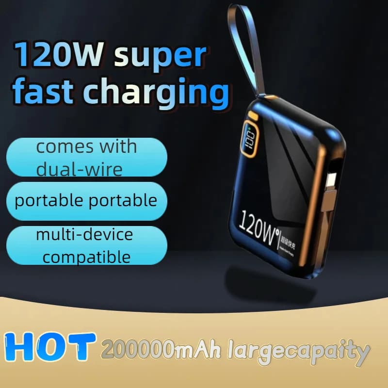 Mini Power Bank da 100000 mAh Batteria esterna portatile a ricarica rapida da 120 W con cavo 2 in 1 per iPhone, Samsung, Huawei e Xiaomi