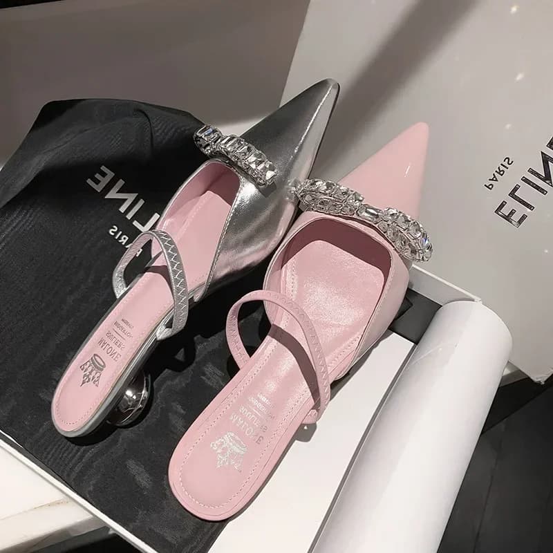 Nuove Ciabatte Basse Rosa Lucide da Donna Primavera Estate, Scarpe Eleganti a Punta, Designer, per Feste, Zapatillas Mujer