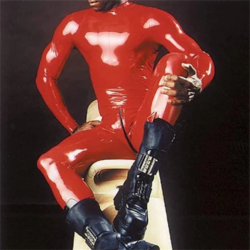 Body in gomma catsuit in lattice di gomma da uomo alla moda Gummi Red con cerniera sul cavallo per uomo (senza guanti)