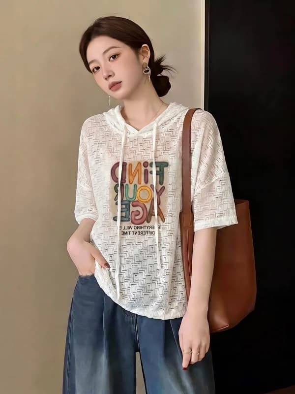 Hollow out Sweatshirt Hoodie Short Sleeve Women's T-Shirt Summer New plus Size Anti-Aging Top Korean Style Loose Fit Commute