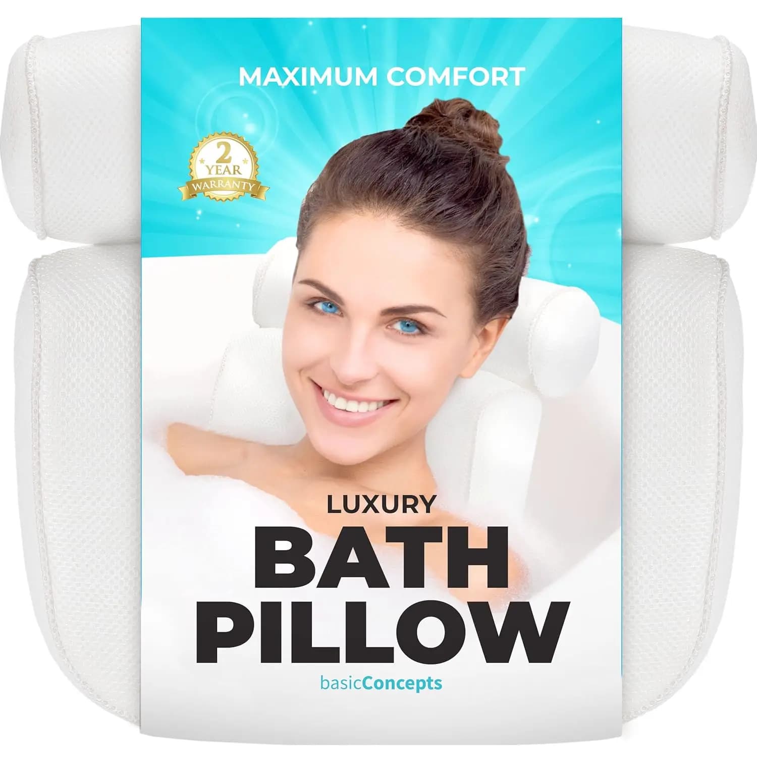 Cuscino per Vasca da Bagno con Supporto per Collo e Schiena, Gancio per Asciugatura, Lavabile in Lavatrice, 6 Ventose - Accessori per il Bagno