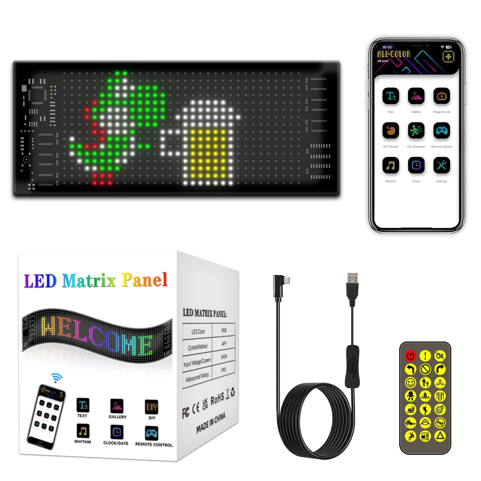 Programmable Flexible LED Sign,Bluetooth App Control Scrolling Light Panel, DIY Matrix Display for Car Windshield, Truck, SUV, Party Wedding Decoration, USB Powered