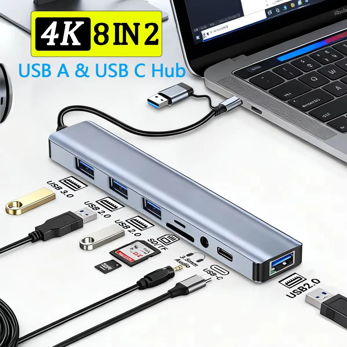 Hub USB C 8 in 2, Adattatore Multiporta Tipo C, Splitter Dock USB 3.0 per Xiaomi, Telefono, Tablet, Trasferimento Dati Veloce, Ricarica