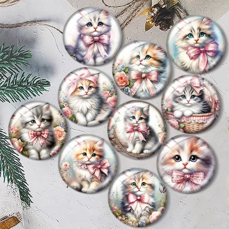 Cat with pink bow, 12/18/20/25mm glass cabochon, for bracelets, pendants, rings, earrings, jewelry creation components