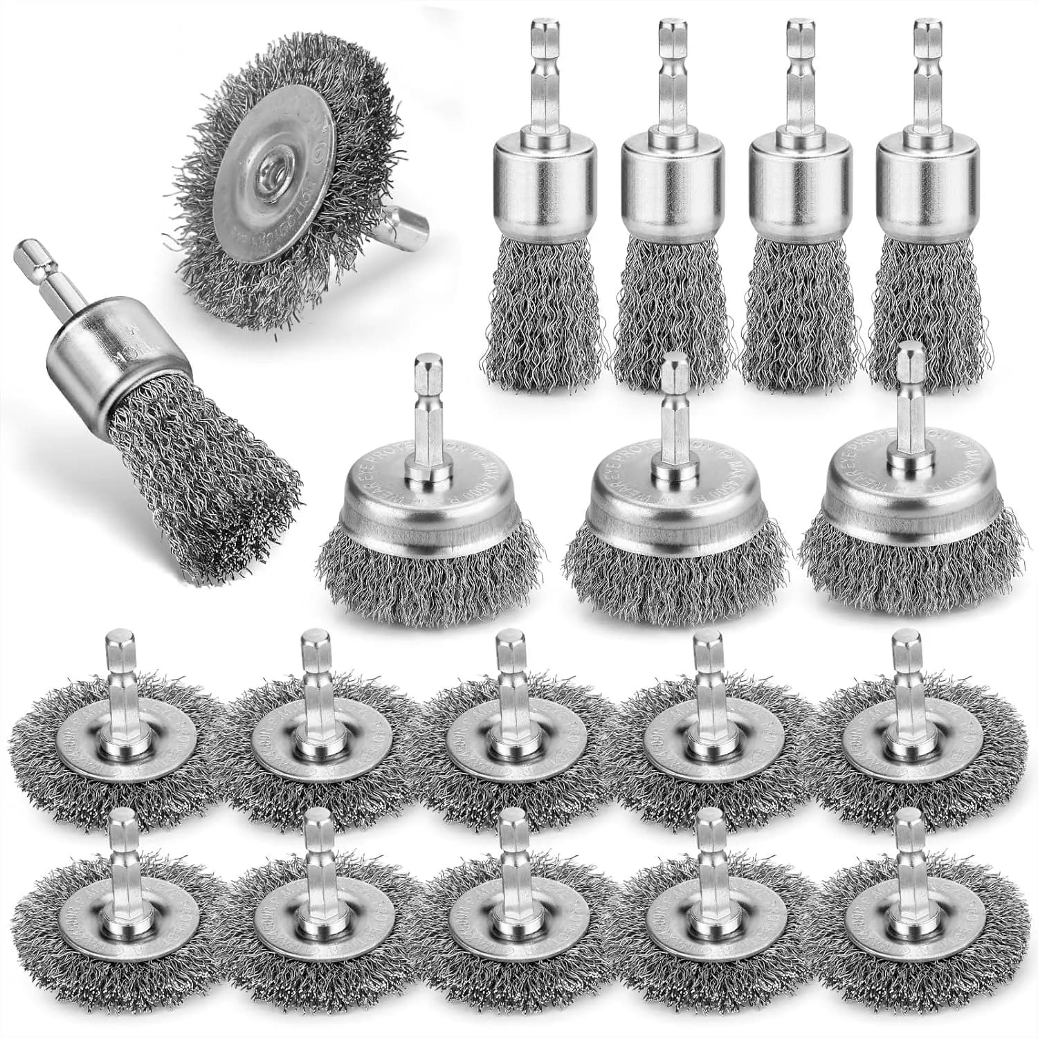 Set di 19 Spazzole Metalliche per Trapano, Spazzole a Tazza in Acciaio al Carbonio per Rimozione Ruggine, Accessori per Pulizia con Attacco Esagonale da 1/4