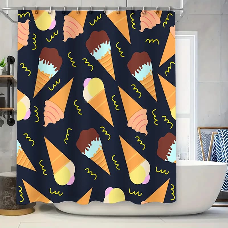Tenda da doccia colorata con coni gelato per decorazioni da bagno, tessuto impermeabile stampato, varie dimensioni disponibili.