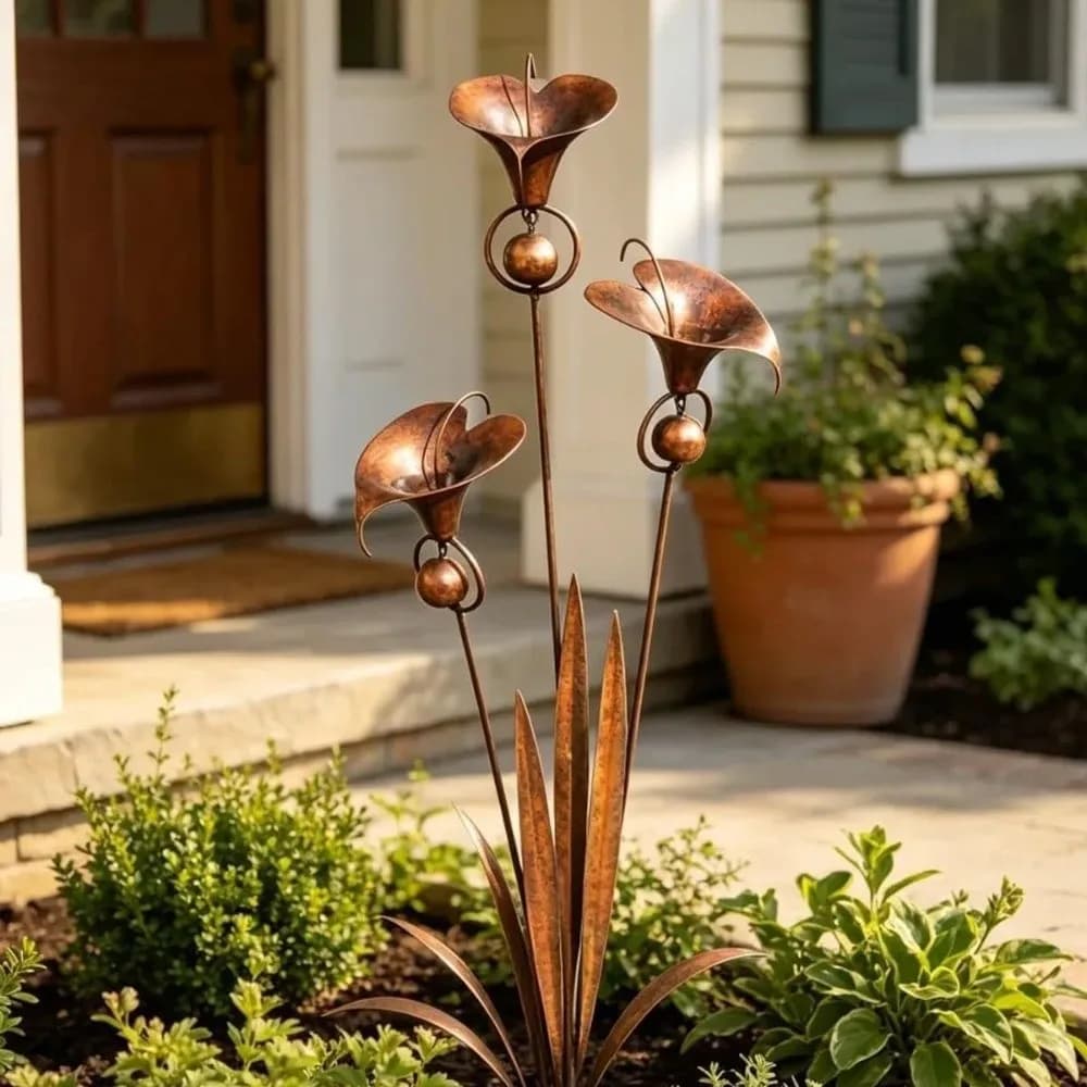 Flamed Copper Garden Stake Three Calla Lilies Garden Sculpture Wind Chime Flower Stake Handcrafted Garden Trellis Decoration