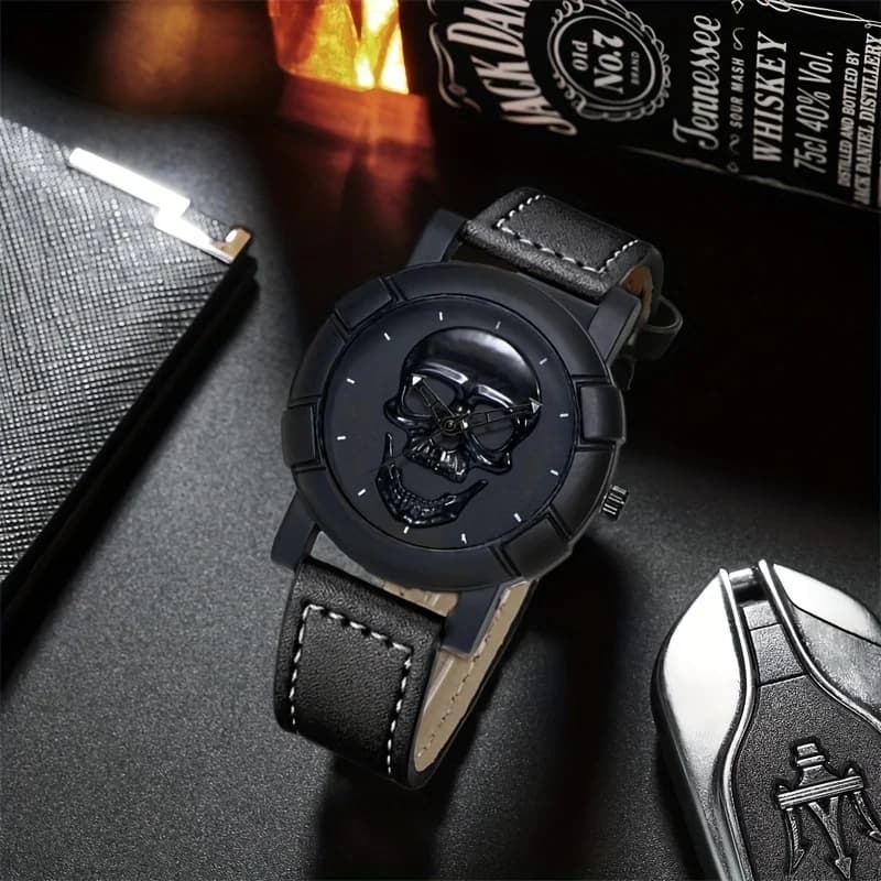 Round Quartz Watch With Multi Display Pointer With Skull Pattern With PU Leather Strap For Men