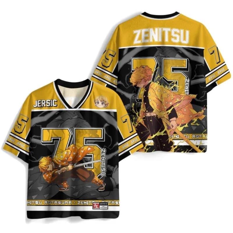 2026 Summer New Demon Slayer Zenitsu Anime Jersey, Fashionable V-neck Short Sleeve, Unisex, Children's Sports and Casual T-shirt