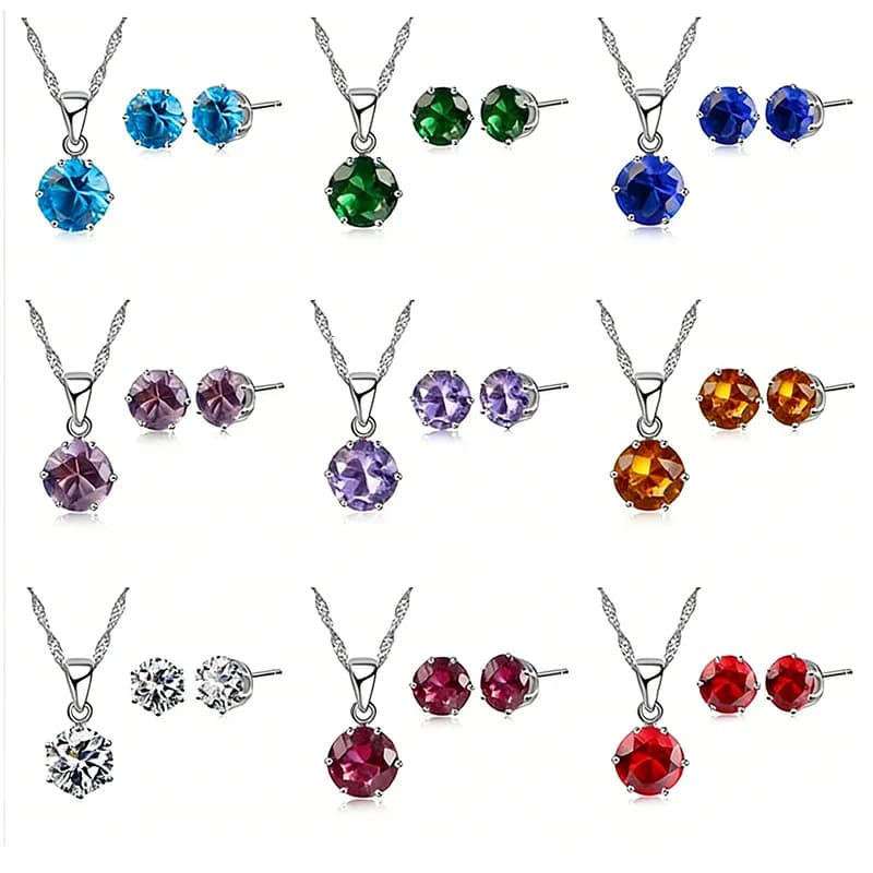 14 Colors 925 Sterling Silver Bridal Wedding Jewelry Sets For Women Engagement Crystal Pendant Necklace Stud Earrings Set