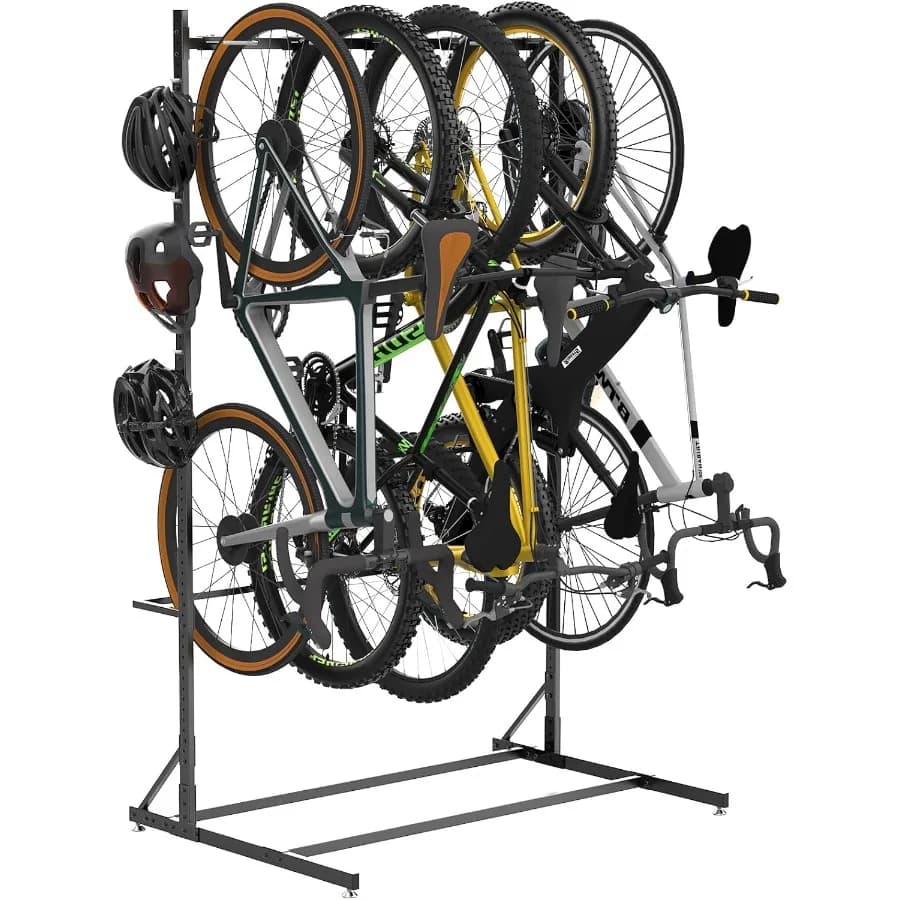 Self-supporting bicycle carriers for 5 bicycles Vertical bicycle carrier in 52 wide steel with 5 bike hooks 6 hooks for storing helmet bike R