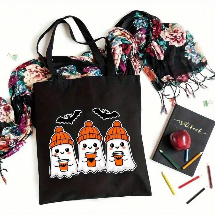 Halloween Ghosts In Beanies And Bats Print Large Capacity Tote Bag For Daily Use Shopping