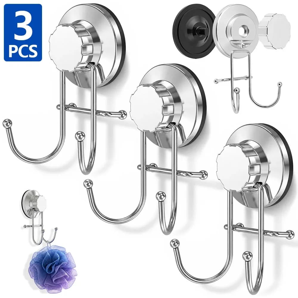 3Pcs Powerful Suction Cup Hook Stainless Steel Wall Mount Hooks Punch-free Waterproof Towel Clothes Hooks for Kitchen Bathroom