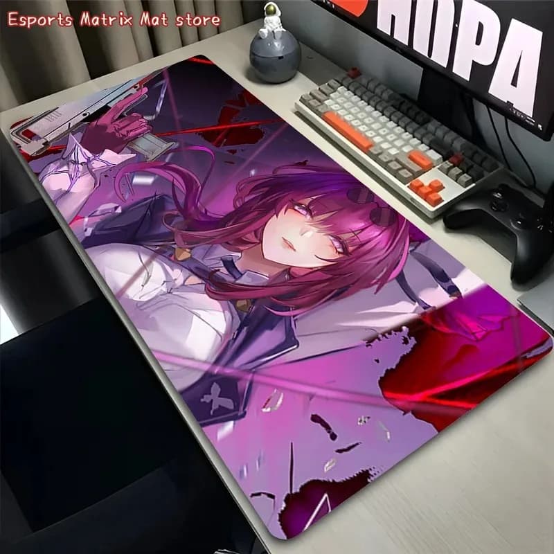 Tappetino per mouse da gioco di grandi dimensioni con ragazza anime, motivo viola e rosso, antiscivolo, impermeabile, per computer, laptop, accessori per giocatori