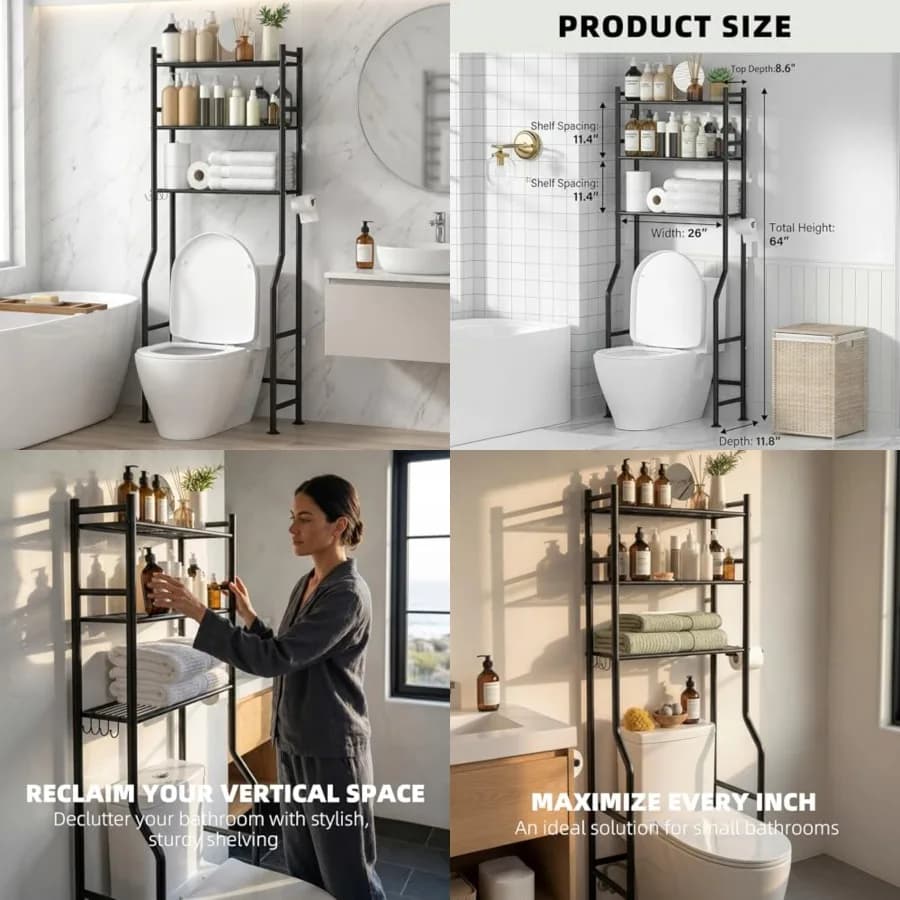 Over Toilet Storage with Anti-Tilt Safety System - 150lb Total Capacity Metal Bathroom Shelves Including Paper Holder and 4 Hoo