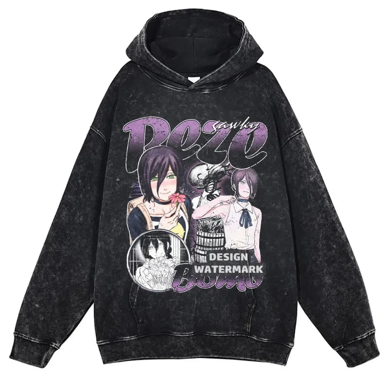Anime Chainsaw Man Felpe con cappuccio Denji Makima Aki Reze Stampa Felpe con cappuccio lavate vintage Felpa con cappuccio pullover oversize da uomo in cotone