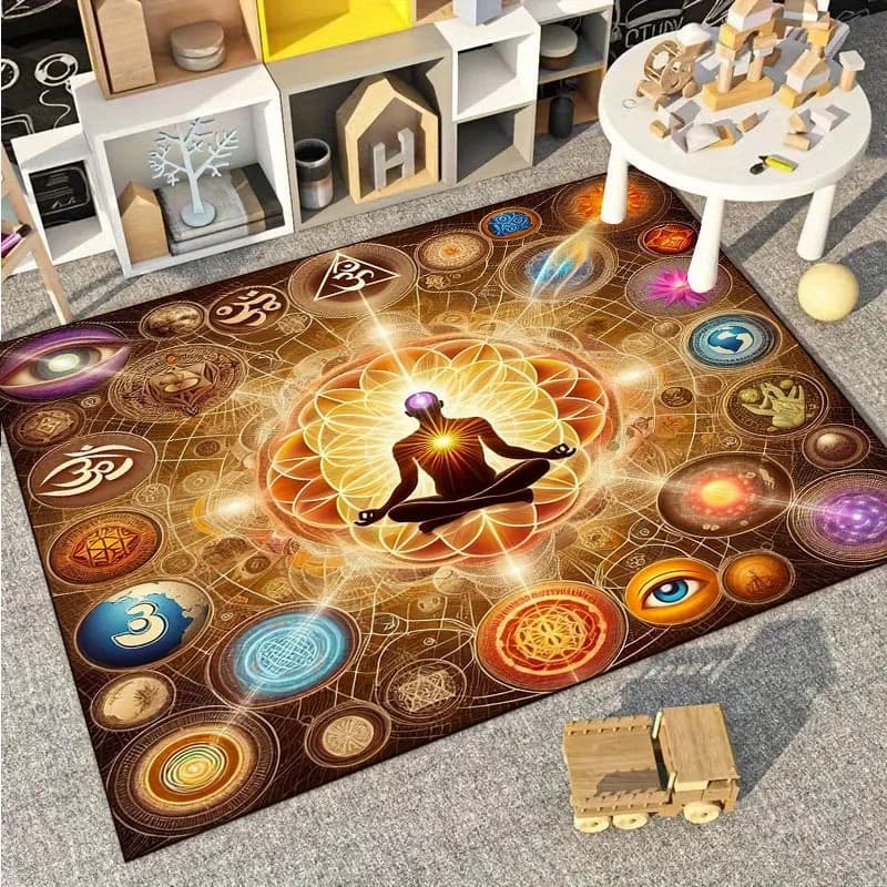 Mystic Chakra Energy Carpet, Yoga Mat and Cosmic Meditation with Om Symbols and Third Eye for Home, Bedroom, Games Room, Anti-slip Carpet
