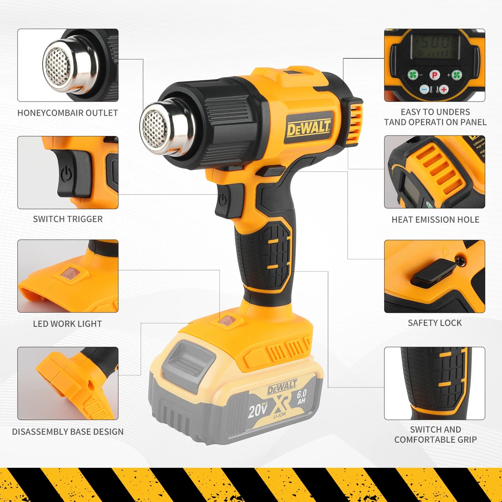 DEWALT DCE530 Pistola termica a batteria 20V Temperature regolabili 550 ° C Ventilatore termico per saldatura ad alta potenza di grado professionale