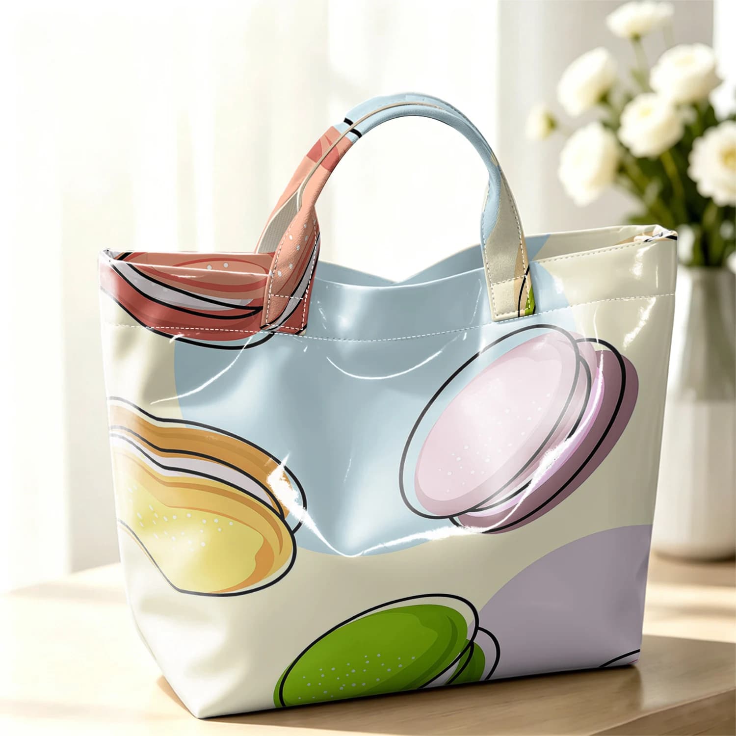 Color Macaron Cartoon Fashion Large Glossy PVC Tote Bag Hand Washable Waterproof Perfect Travel Commute Cosmetic Storage Shopper