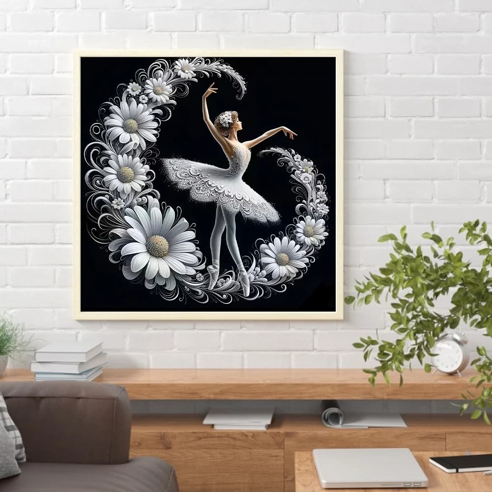 Kit Pittura Diamante 5D Fai da Te Completo con Diamanti Rotondi, Tema Ballerina con Margherite, per Decorazione Casa
