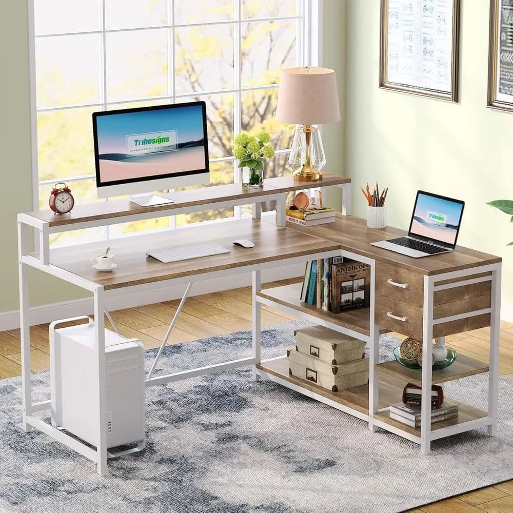 Elegante Scrivania a L con Cassetti, Supporto per Monitor e Ripiani Portaoggetti per Ufficio Domestico Compatto