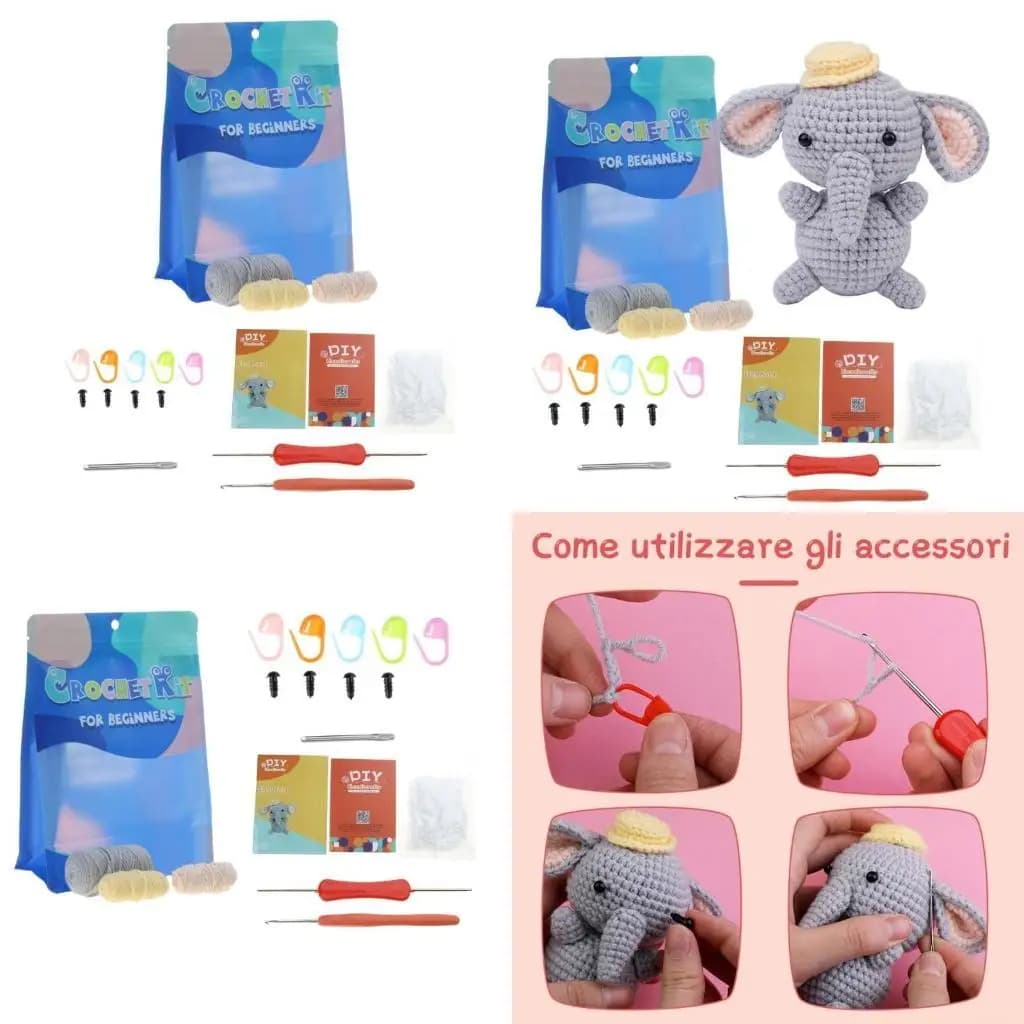 QX2E uncinetto per principianti, elefante all'uncinetto, con filato, uncinetti, istruzioni per principianti fai da