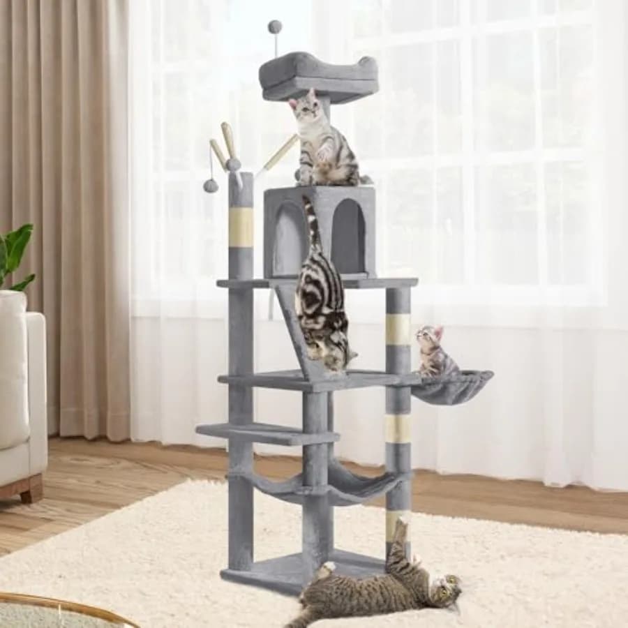 Albero per Gatti a 64,5 Livelli con Cuccia, Amaca, Tiragraffi e Palline Pendenti per Gattini, Gatti e Animali Domestici, Colore Chiaro G