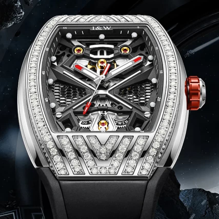 Watch Automatic Carnival Men's 43mm Tonneau Luminous Polse Mechanism Waterproof 5ATM with Rubber Strap Bezel in Crystal Skeleton