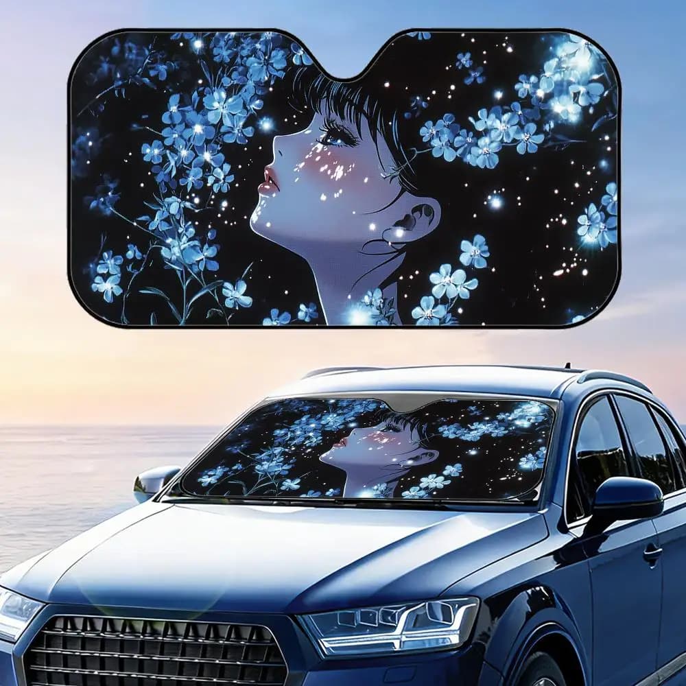 Parasole per Auto con Occhi Anime Stile Fiori di Ciliegio, Pieghevole, Universale, Protezione UV, Isolamento Termico, Copertura Richiudibile