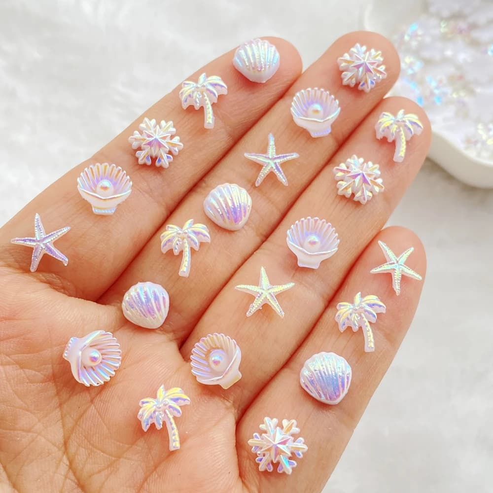 50 pieces cute mini AB star marina colored, shells, snowflakes, coconut trees nail art resin designer charms 3D decorations DIY jewelry