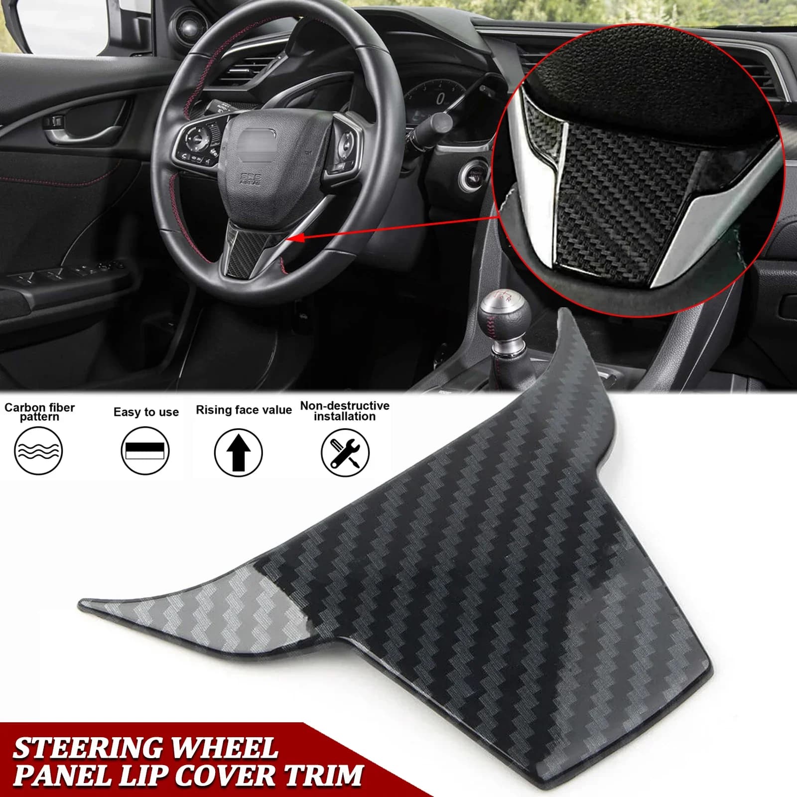 Carbon fiber internal steering wheel model under lip trim Trim for Honda Civic 10th Gen 2016 2017 2019 2020 2021