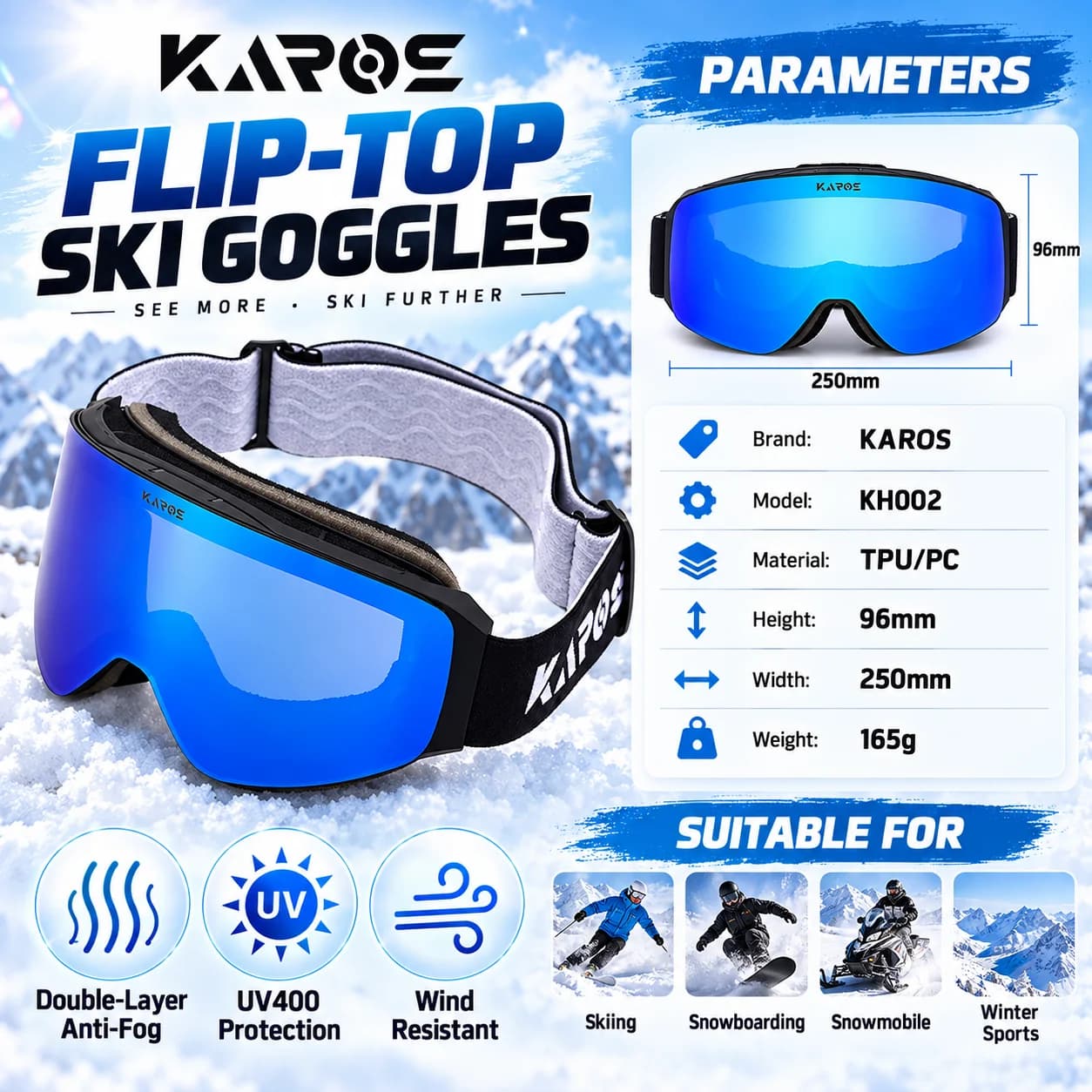 KAROS Flip Up Ski Goggles UV400 Double Layer Anti Fog Mirror Lens Magnetic Snowboard Goggles for Skiing Snowmobile Winter Sports