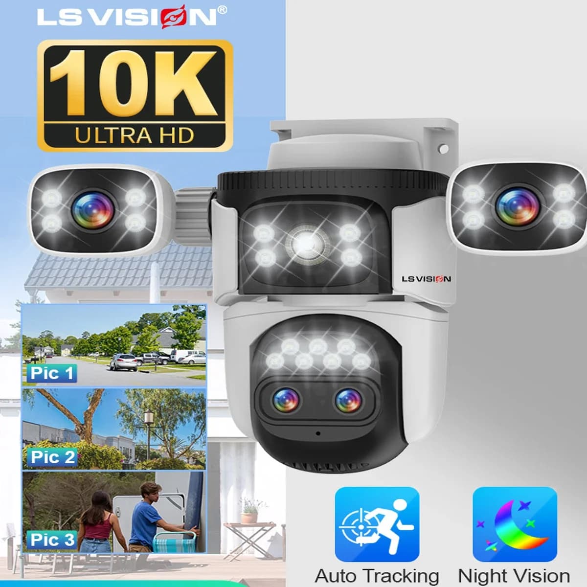 Fotocamera WiFi wireless LS VISION, 10K, 20MP, esterno, zoom 10X, quattro obiettivi, 720 ° PTZ, tracciamento automatico, telecamera CCTV impermeabile