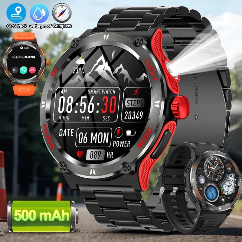 Astuto Della Vigilanza 3ATM Impermeabile 1.53 "KT76 Uomini Sport Bussola LED Torcia Elettrica Frequenza Cardiaca Salute Analisi del Sonno Bluetooth Chiamata Orologio